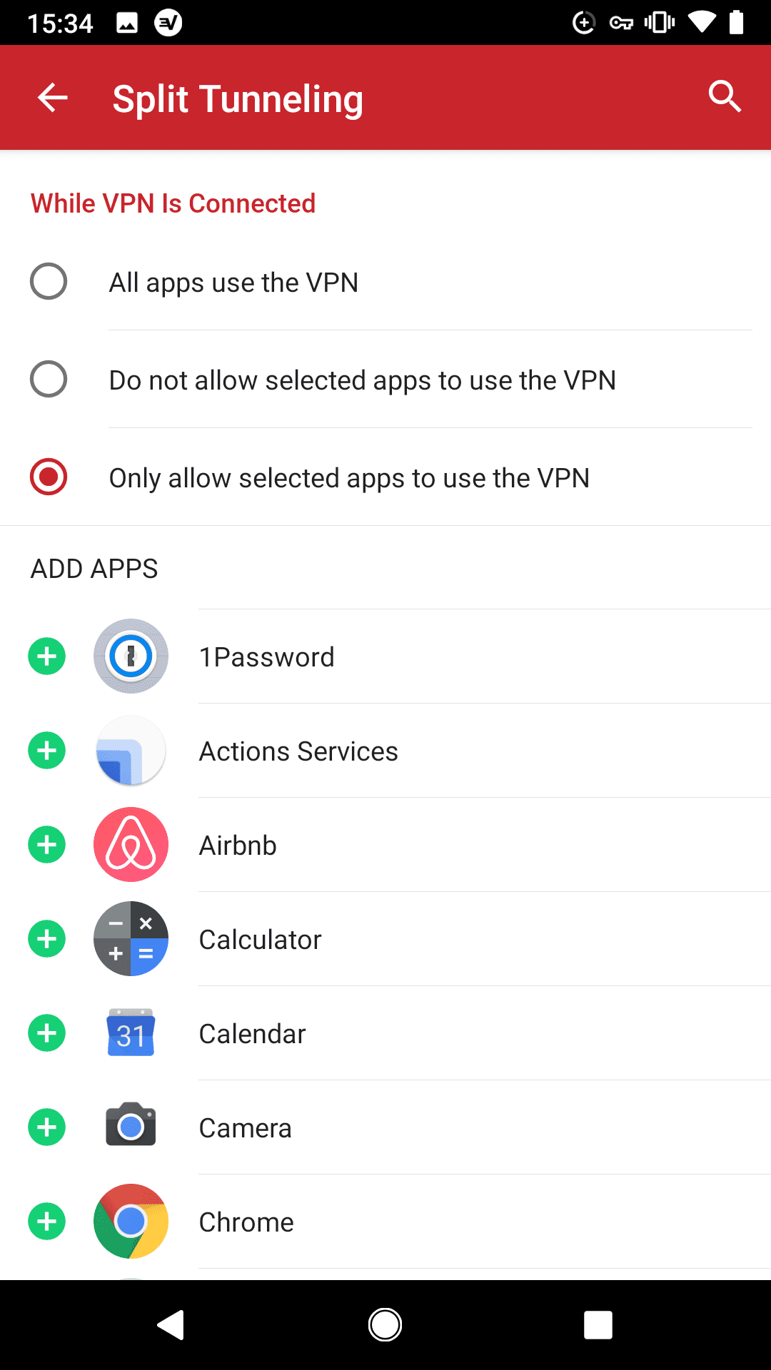 A screen shot of ExpressVPN split tunneling options on an Android phone.