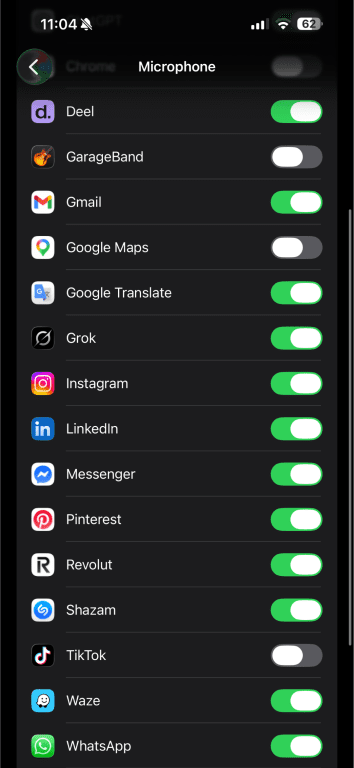 List of apps with microphone access toggles on iPhone.