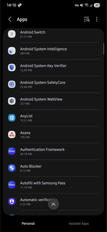 List of installed apps in Android settings.