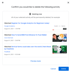 Tela de confirmação antes de limpar a atividade do aplicativo para todo o período