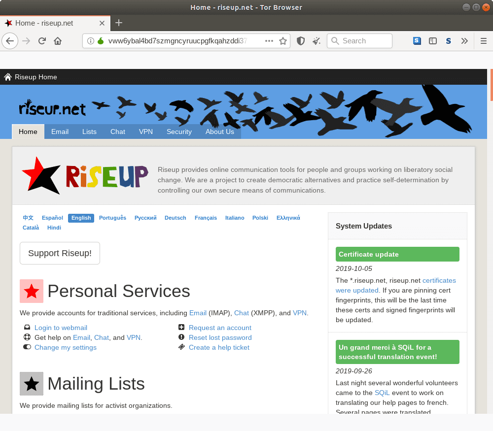 Página inicial onion do Riseup.
