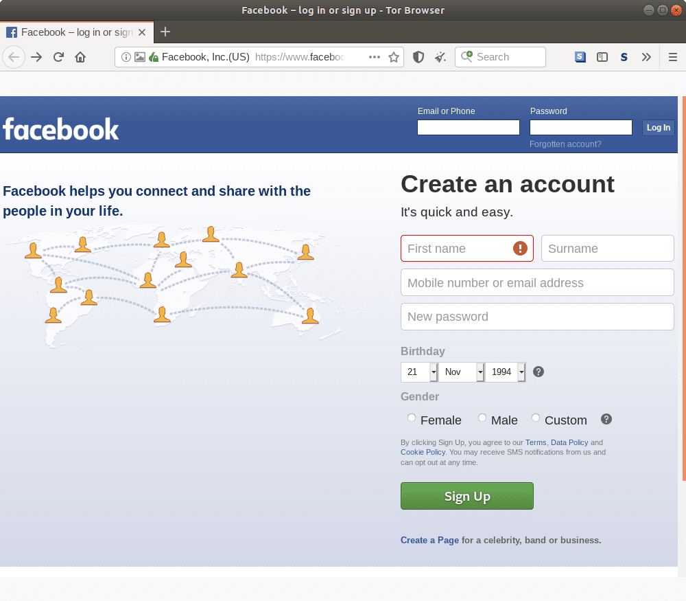 Página inicial onion do Facebook.