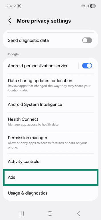 The "More privacy settings" page on an Android phone. The "Ads" option is highlighted.
