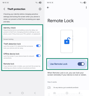 Two Android screenshots side by side showing the "Theft protection" and "Remote Lock" pages. The "Identity check," "Theft detection lock," "Offline device lock," "Remote lock," and "Use Remote Lock" options are highlighted.