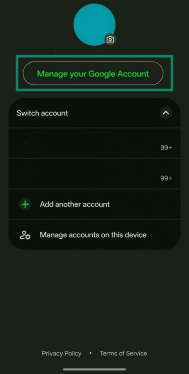 Manage your Google account button in the Gmail app.