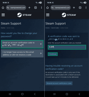 Two Android screenshots side by side. The first image shows a Steam Support page, and the account verification code option is highlighted. The second screenshot shows a Steam Support page for entering a verification code, and the code field and "Continue" button are highlighted.
