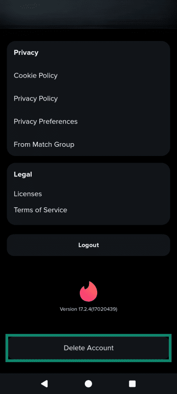 The Android Tinder settings menu scrolled down to highlight the Delete Account option.