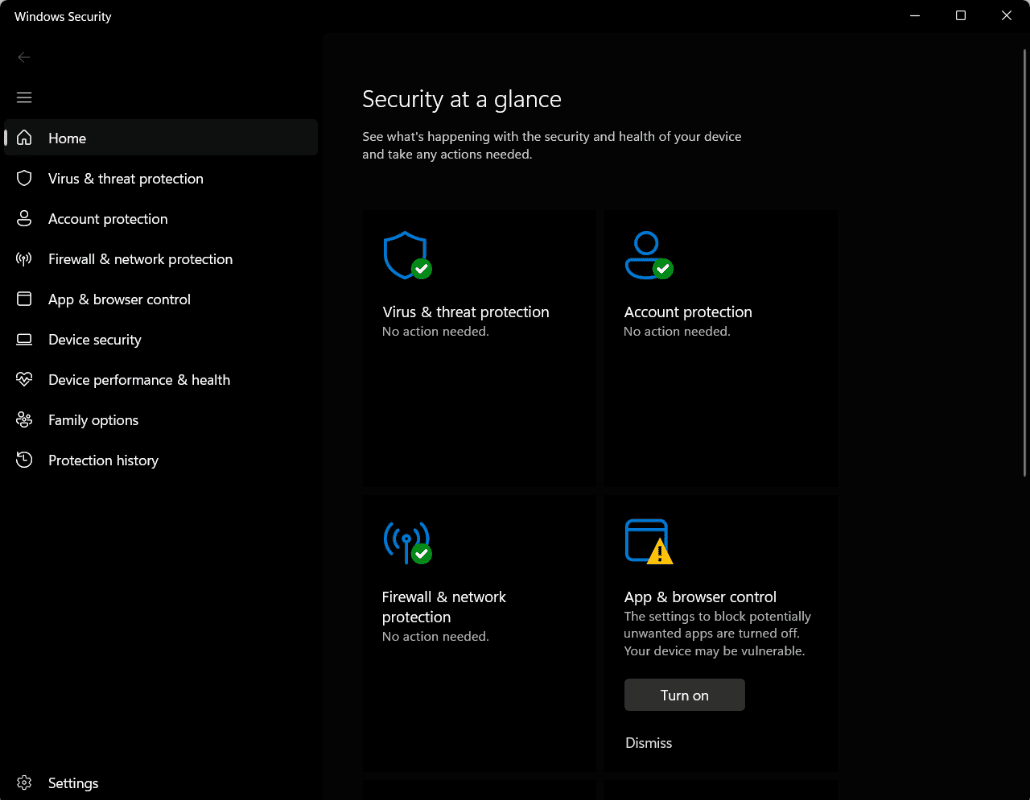 Windows Security dashboard with Virus and threat protection active.