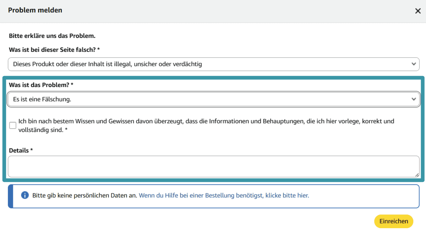 A visual guide detailing the required fields for reporting a website to Amazon.