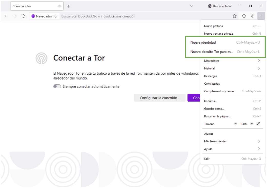 Menú de la aplicación del navegador Tor con las opciones Nueva identidad y Nuevo circuito Tor para esta web resaltadas.