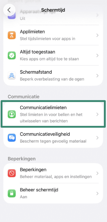 Communication Limits settings for child’s iPhone account.