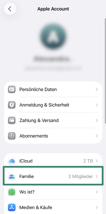 Family menu option shown under Apple ID in iPhone Settings.