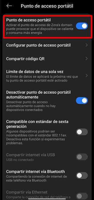 Android Connection and sharing screen showing Portable hotspot option toggled on in hotspot settings.