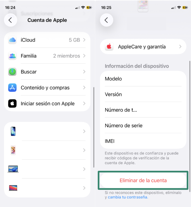Apple Account settings showing option to remove device from account.