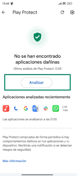 Play Protect screen showing no harmful apps and scan button highlighted.