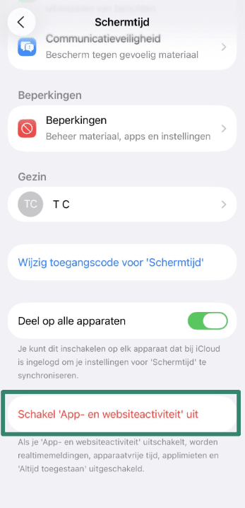 Option to turn off App & Website Activity in Screen Time settings.