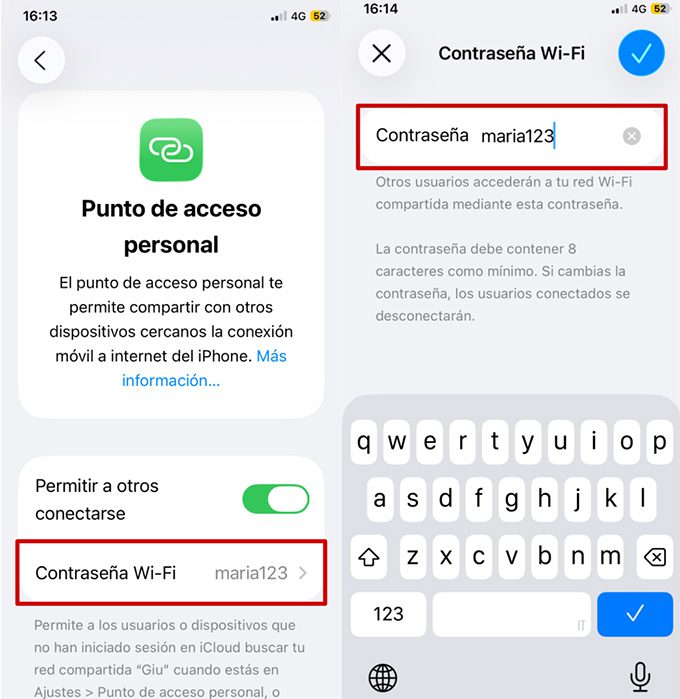iPhone Personal Hotspot settings with Wi-Fi Password option highlighted and password input screen open.