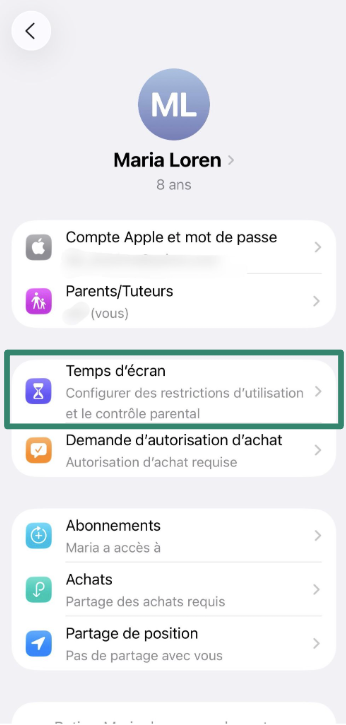 Screen Time menu opened under child’s account on iPhone.