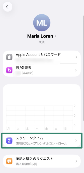Screen Time menu opened under child’s account on iPhone.