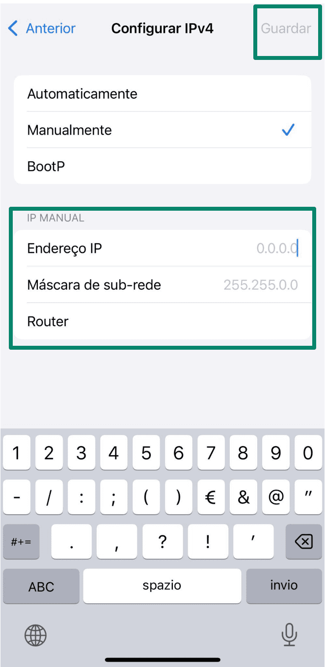 Manual IPv4 setup on iPhone showing IP, subnet, and router