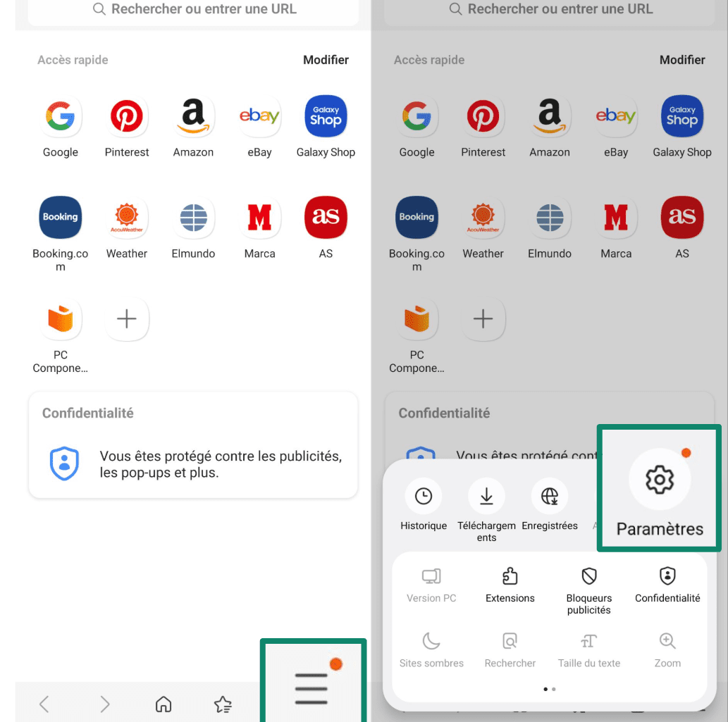 Opening Samsung Internet settings from the bottom menu on Android.