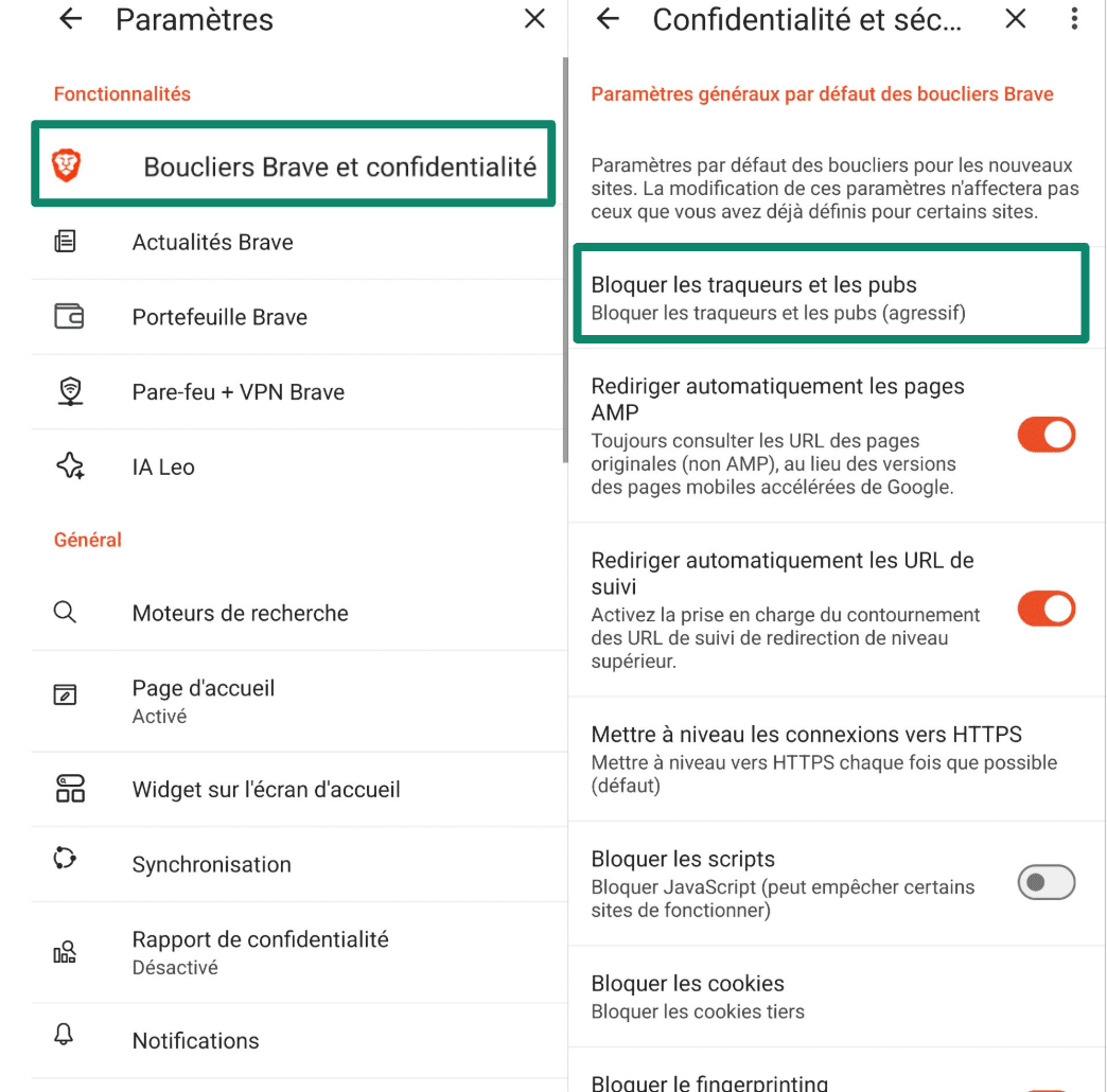 Brave browser privacy settings to block ads and trackers on Android.