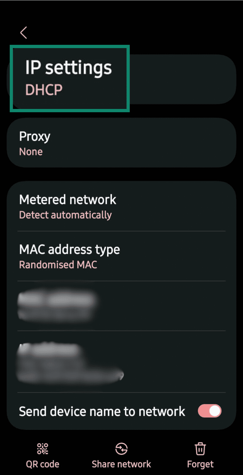 DHCP and Static IP Settings highlighted in connected Wi-Fi settings on Android.