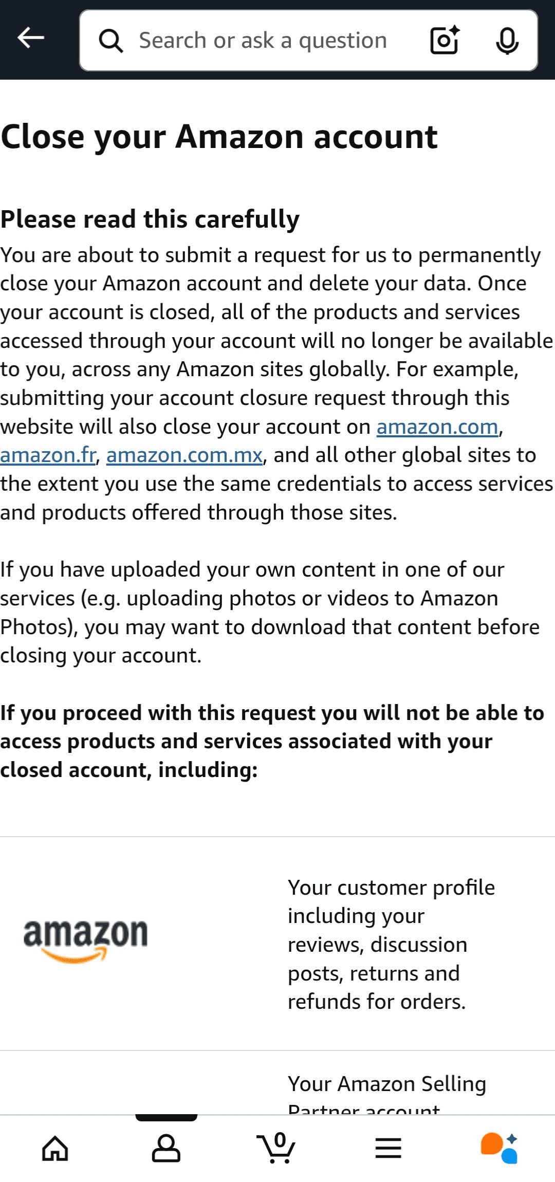 Amazon account closure disclaimer on the Amazon app.