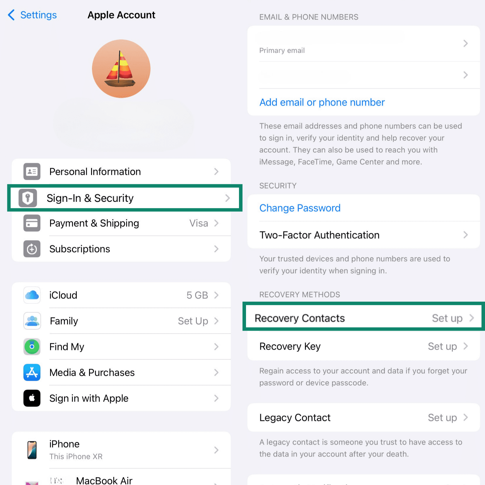 Two side-by-side iPhone screens showing how to set up Recovery Contacts. From the Apple Account menu, 'Sign-In & Security' is selected, leading to a page where 'Recovery Contacts' is highlighted.