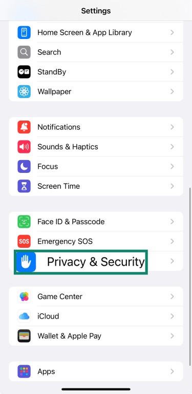 Privacy & Security option in iOS.