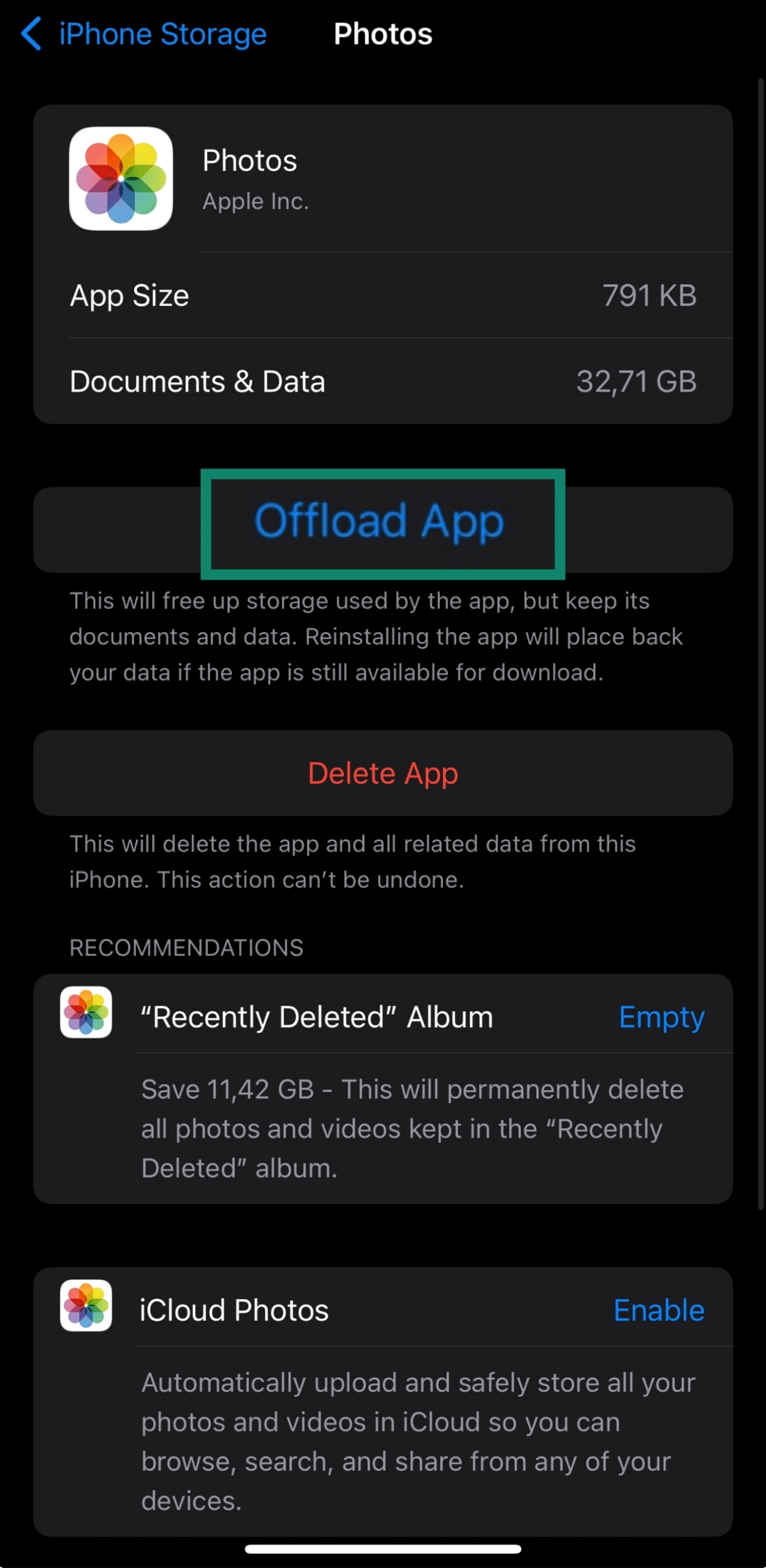 The iOS offload app page.