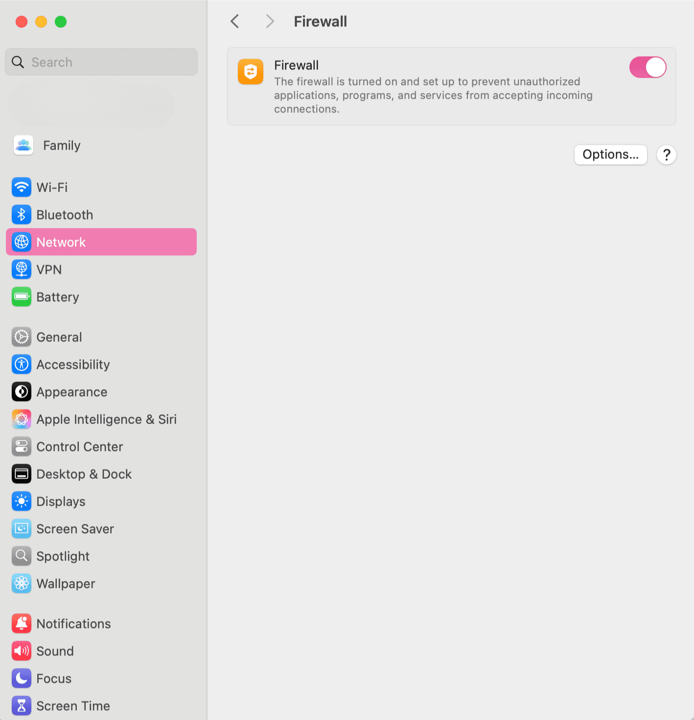 Toggling Firewall on in macOS settings.