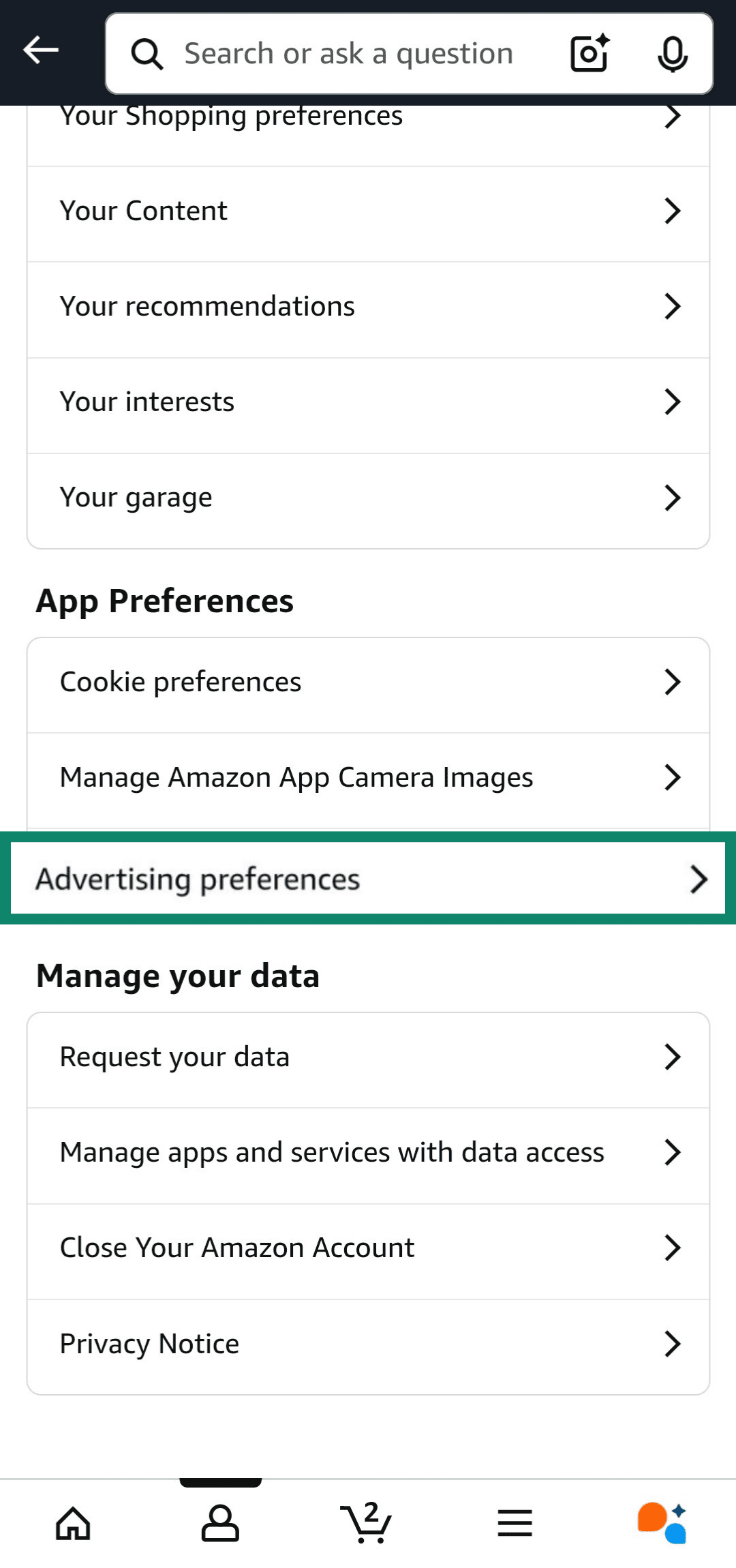 Accessing advertising preferences on the Amazon app.