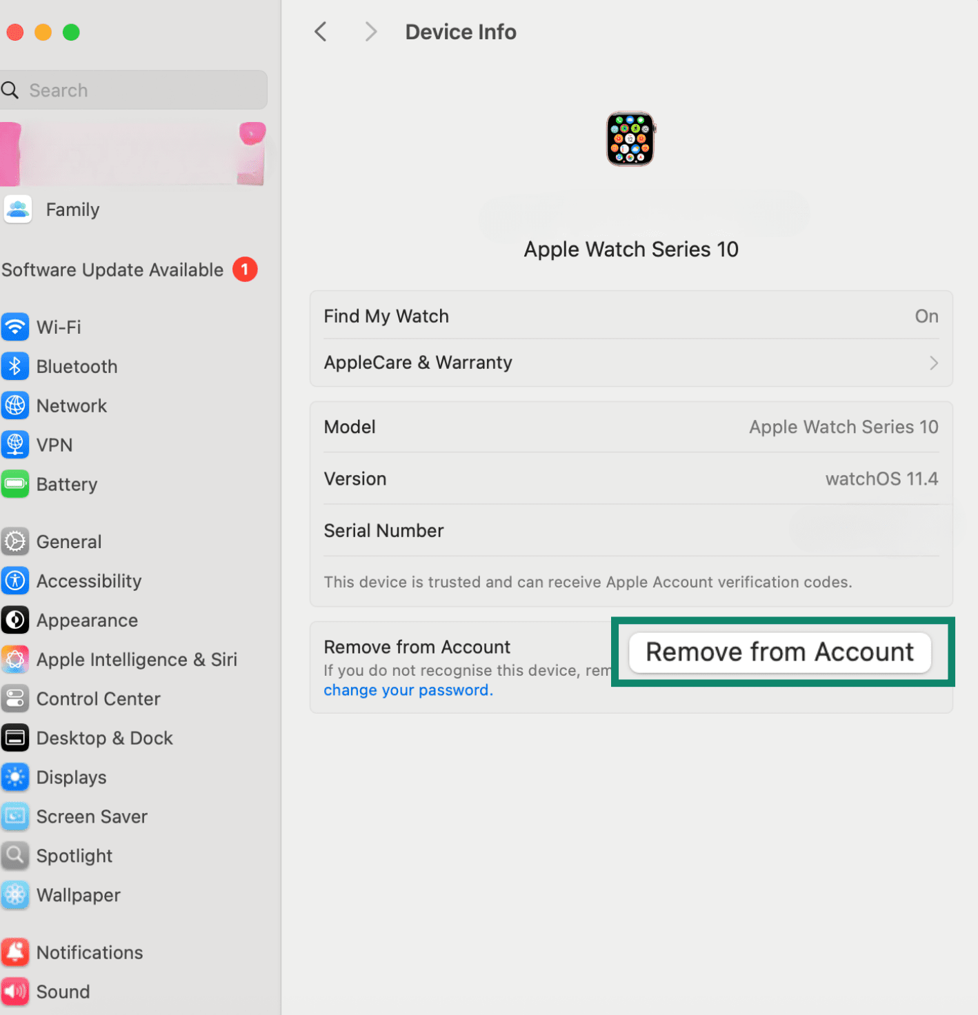 Option to remove a device from Apple ID account in Mac System Settings.
