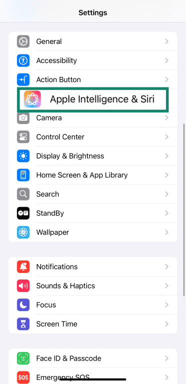 Apple Intelligence & Siri setting on iOS.