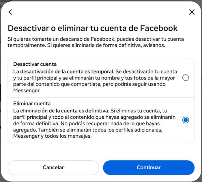 Deactivating or deleting your Facebook account selection screen.