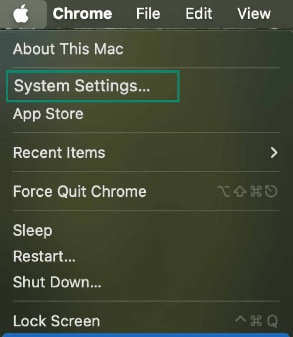 Apple menu showing System Settings option selected.