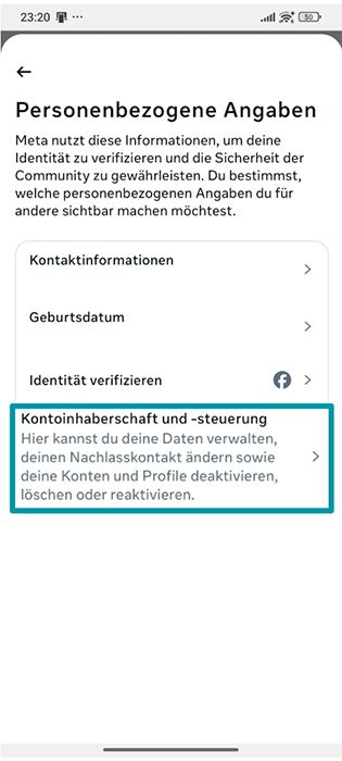Facebook Android app Personal details settings with Account ownership and control highlighted.