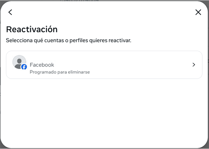 Facebook screen for selecting an additional profile to reactivate.