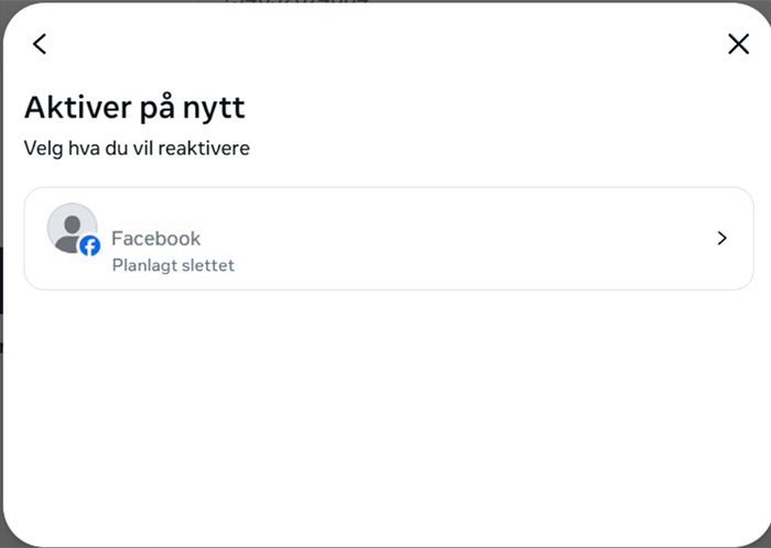 Facebook screen for selecting an additional profile to reactivate.