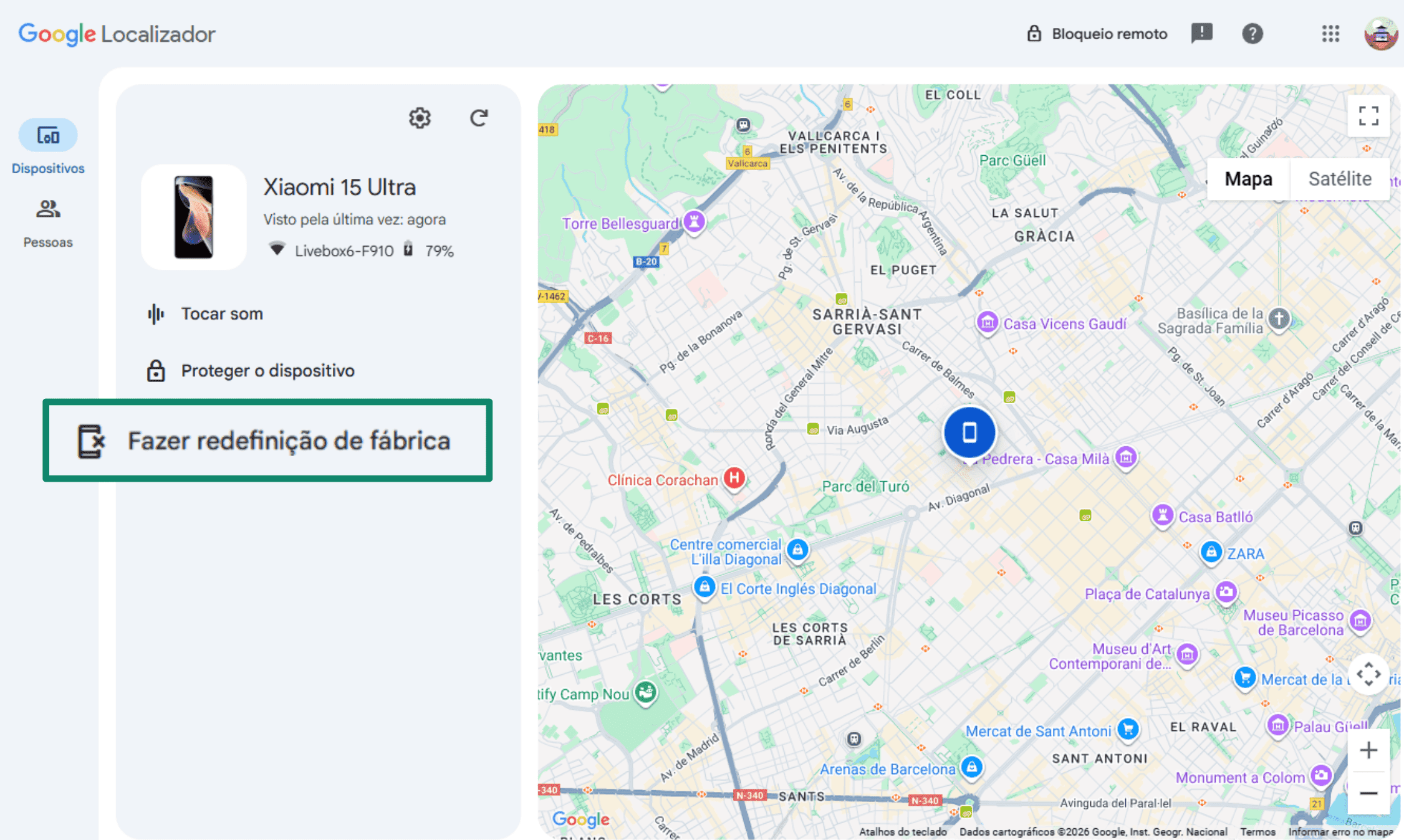 Google's Find My Device dashboard, highlighting the menu option to ‘Factory reset device’ for a lost Android phone.