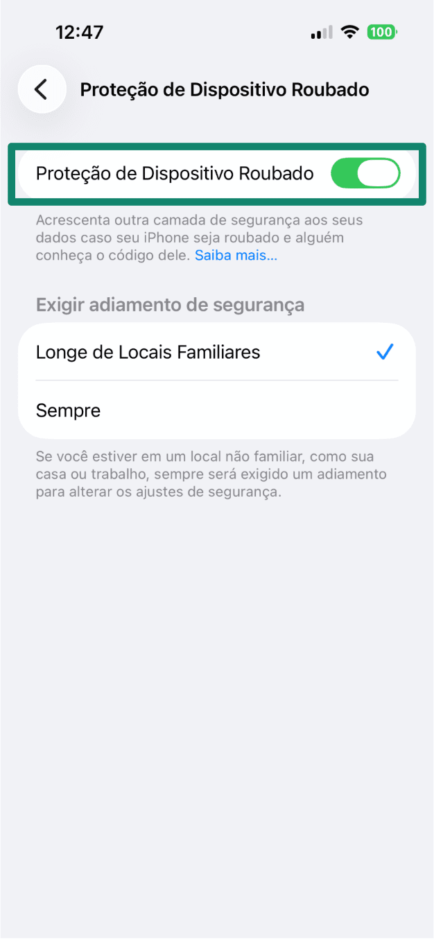 Screenshot of the iPhone Stolen Device Protection settings screen, with the 