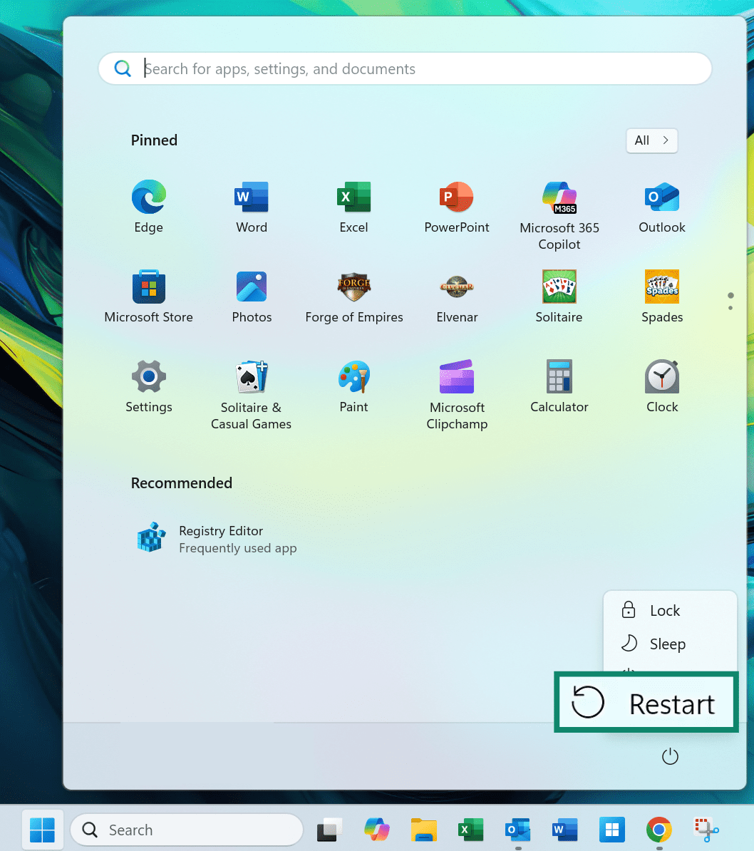 Screenshot showing the Start Menu open, with the Restart button selected.