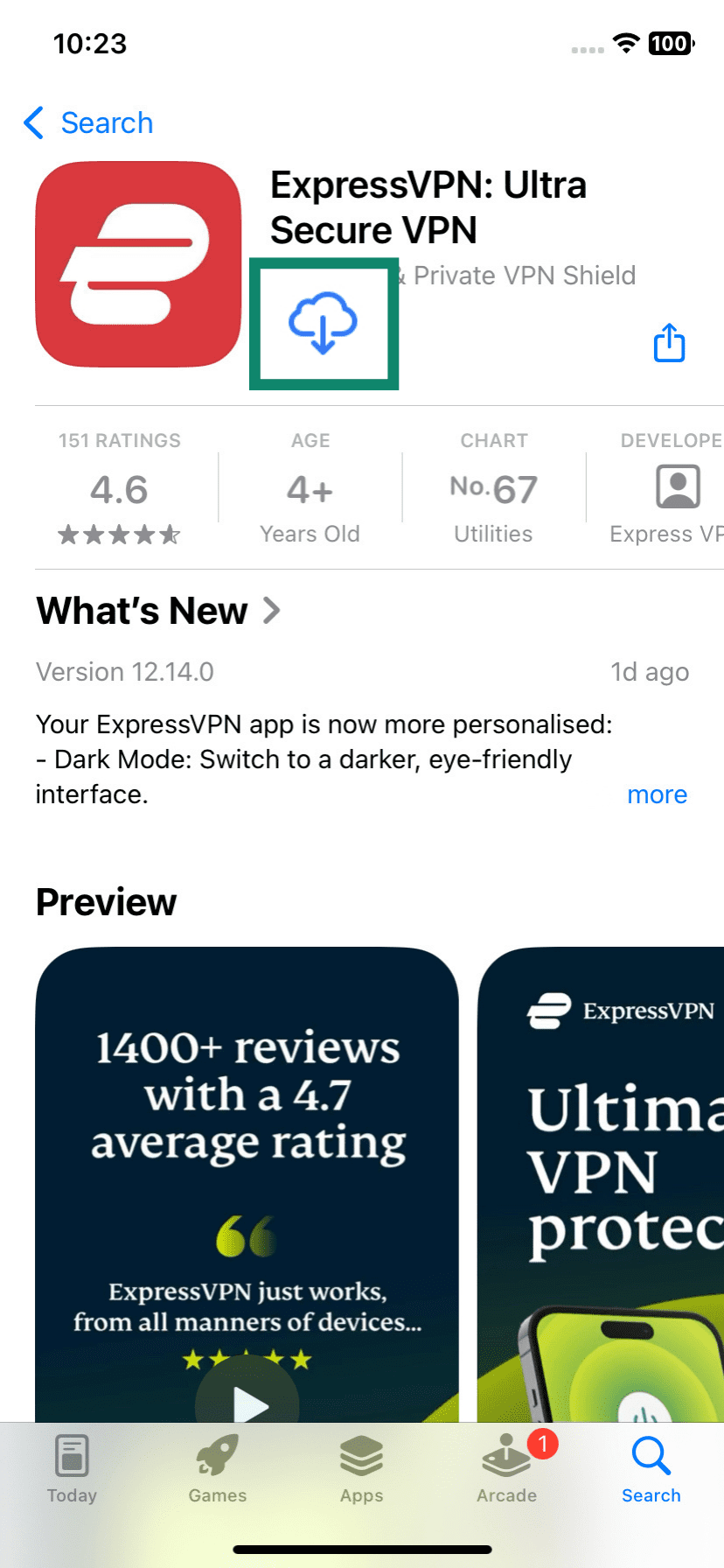 Screenshot of the ExpressVPN app in the App Store, with the 