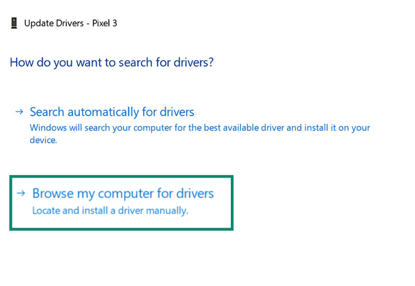 Windows driver update screen with options to search automatically or browse computer for drivers