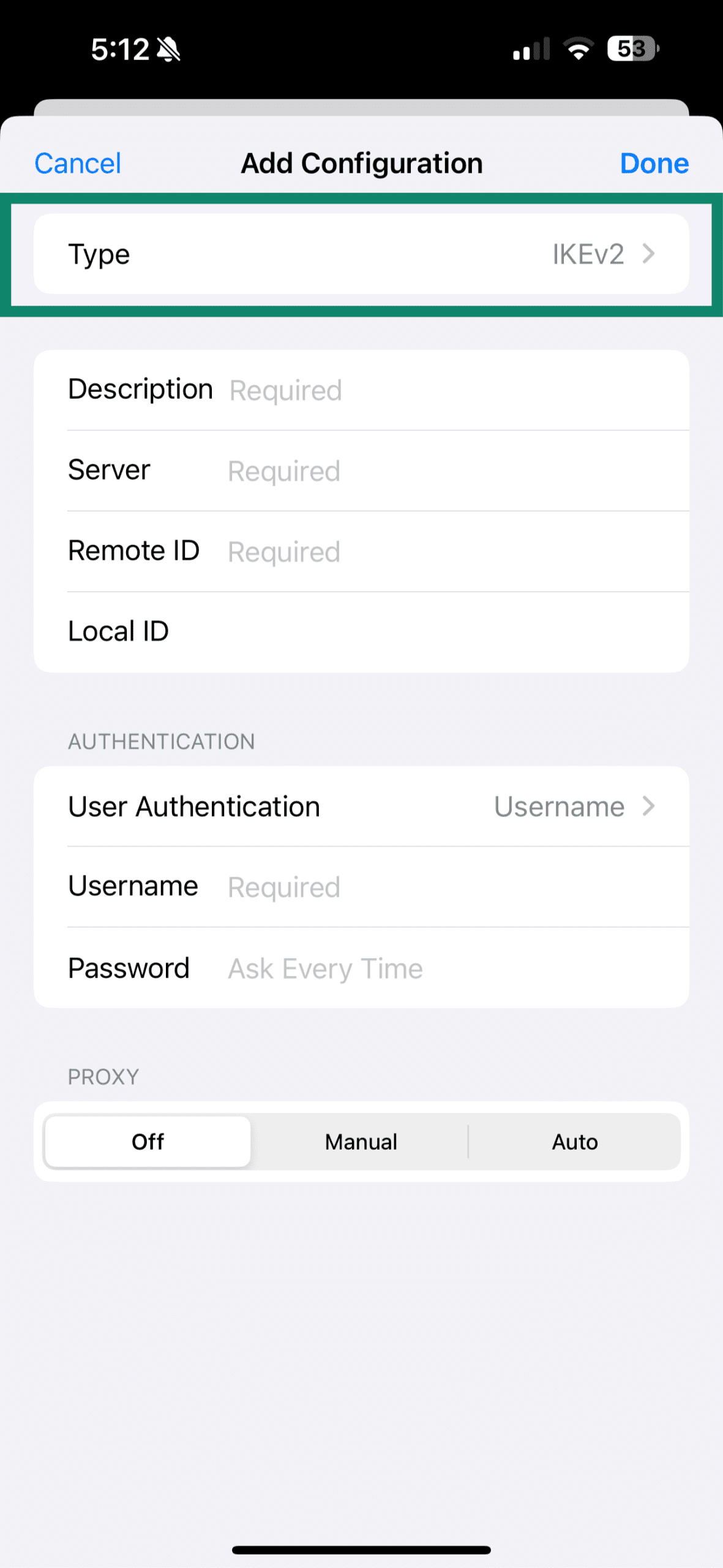 L2TP selected in Add VPN Configuration screen on iPhone.