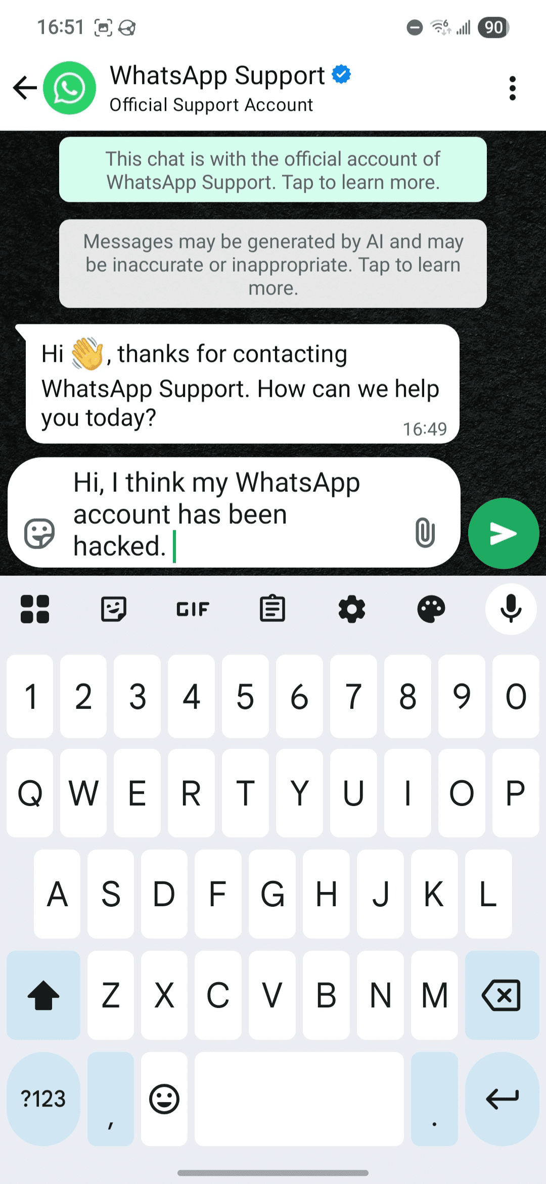 A chat with WhatsApp support.