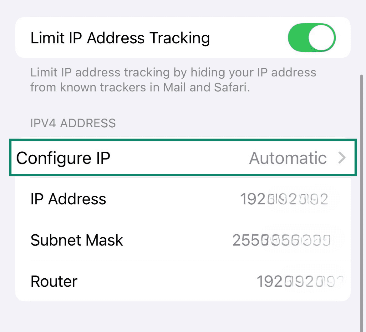 Connected Wi-Fi network settings close-up shot with the Configure IP option highlighted.
