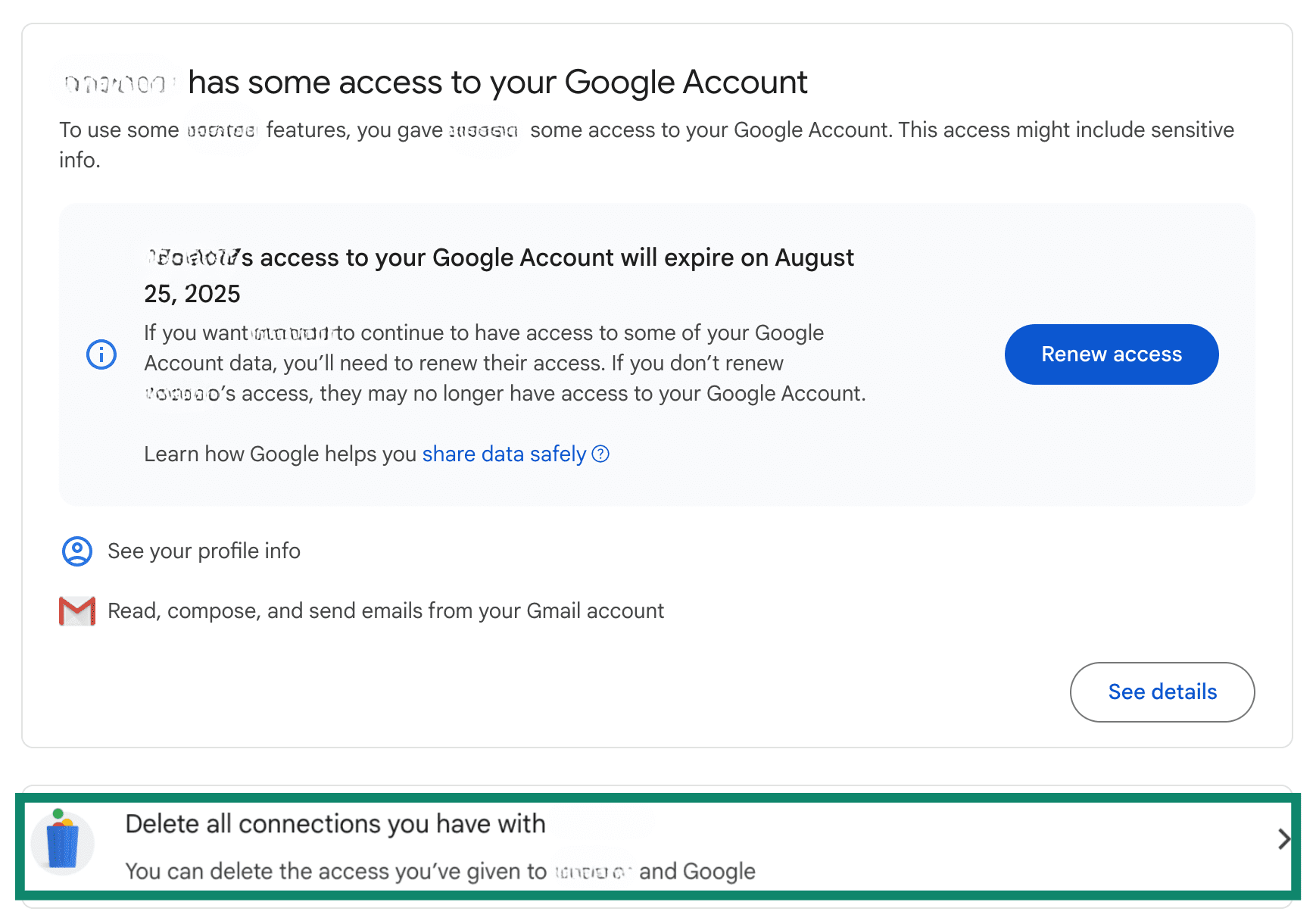 Screen showing how to delete a third-party app's access on Google.