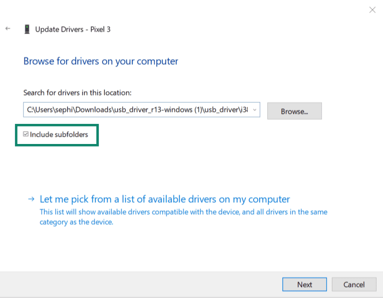 Windows driver update folder path include subfolders checked